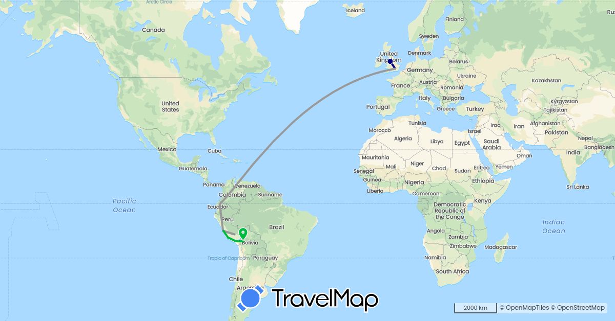 TravelMap itinerary: driving, bus, plane in Bolivia, Colombia, Ecuador, United Kingdom, Peru (Europe, South America)